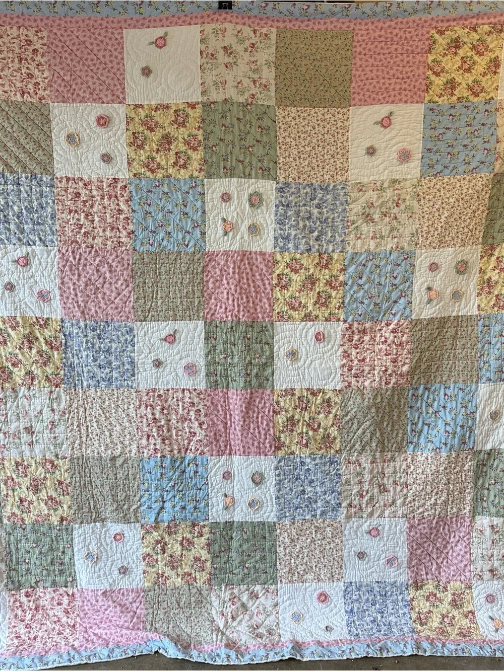 Vintage Handmade-Style Floral Patchwork Quilt 86x86 Cottagecore
